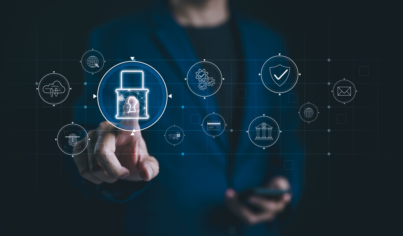 Pessoa interagindo com ícones digitais de segurança bancária, representando integração de sistemas financeiros com API Banking e ERP Financeiro.